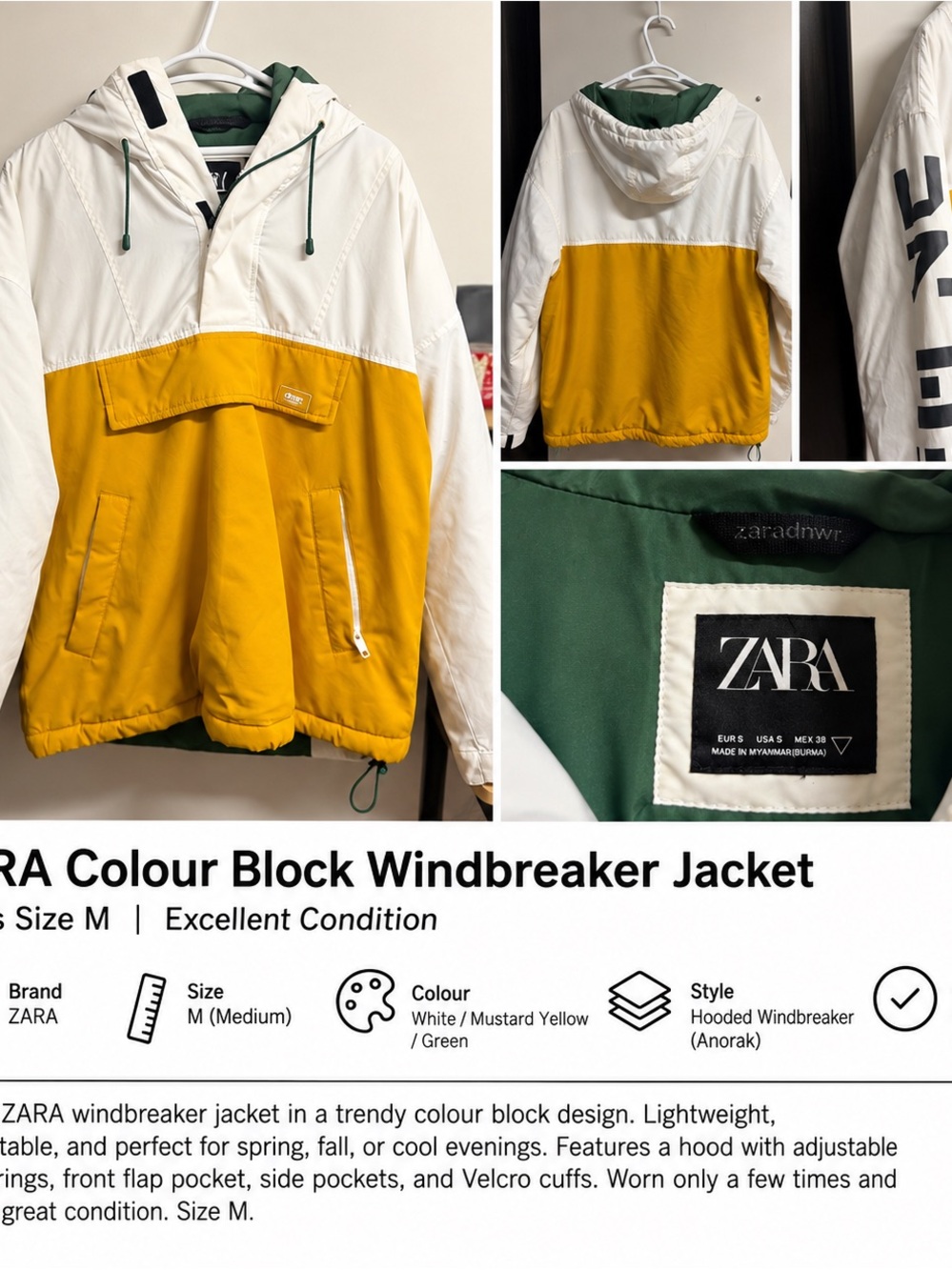 ZARA White, Mustard Yellow & Green Colorblock Hooded Windbreaker